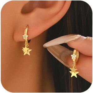 14K Gold Plated CZ Star Drop Huggie Hoop Earrings 925 Sterling Silver NWT